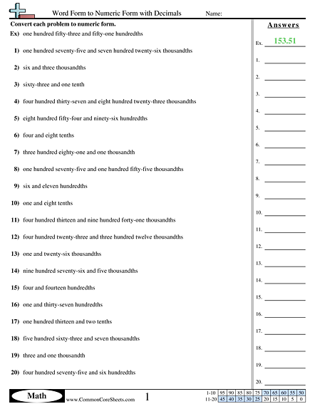 Converting Forms Worksheets - Word Form to Numeric Form with Decimals  worksheet